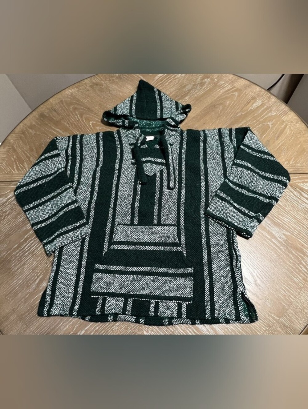VINTAGE GREEN & WHITE HANDMADE MEXICO BAJA HOODIE SWEATER PONCHO JACKET SZ Xl